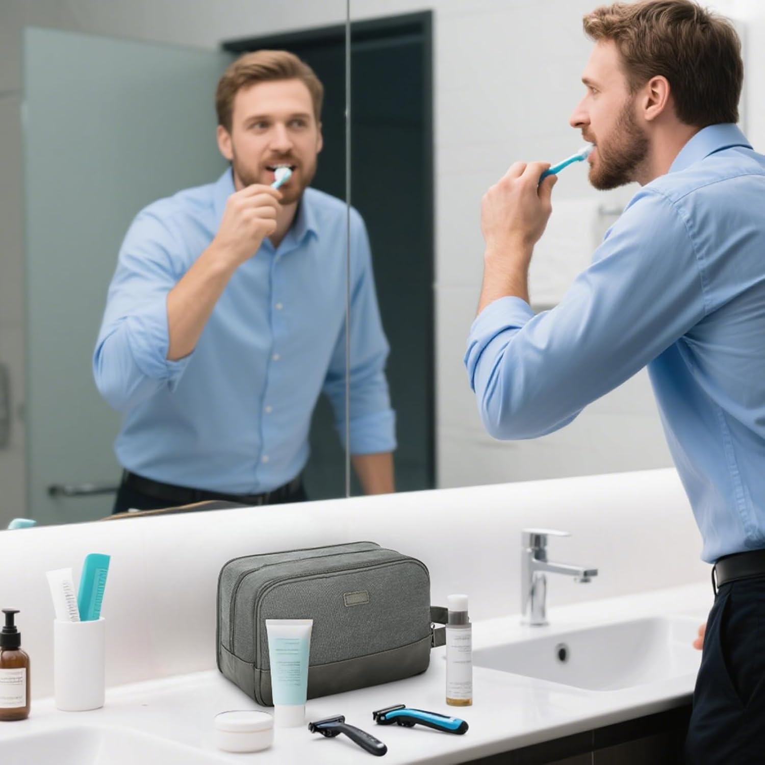 WANDF Travel Toiletry Bag for Men Large Toiletries Shaving Bag Water Resistant Hanging Dopp Kit Travel Accessories Bag for Women Men (Grey)