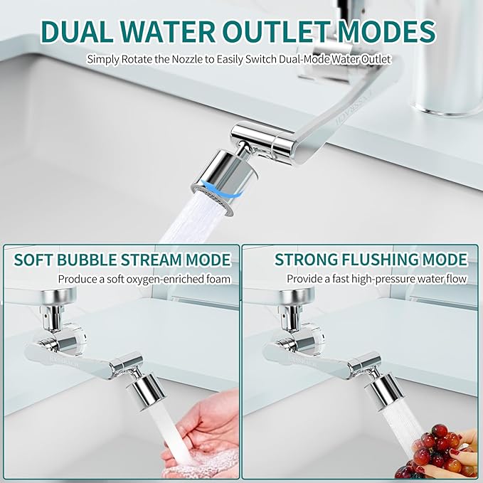 1080° Rotating Faucet Extender with Filter Cotton, Brass Multifunctional Swivel Extension Robotic Arm Sink Aerator for Kitchen/Bathroom, 2 Water Outlet Modes, Silver