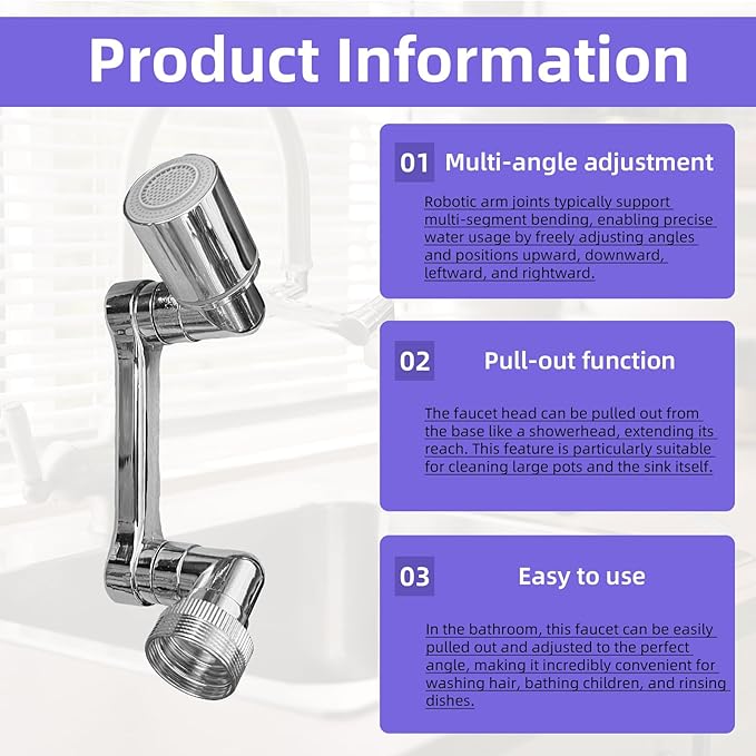 1080° faucet extender rotatable - All-Metal Swivel Faucet Extender with Dual Spray Modes, Universal Fit for Kitchen/Bathroom Sink, Anti-Splash Aerator with Tools (2 Pcs)