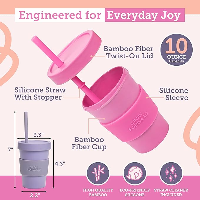 Grow Forward Bamboo Kids Cups with Lids and Straws - 10oz Drinking Cups for Kids with Childproof Twist Lids & Silicone Straws - Eco Friendly, BPA Free, Non Toxic & Dishwasher Safe - Floral