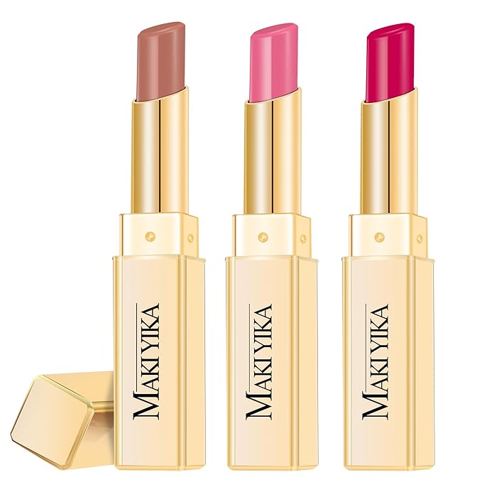 MAKI YIKA 3Pc Moisture Lipsticks for Women Nude Pink Hot Pink Lipstick Hydrate Tinted Lip Balm for Dry Cracked Lips Glossy Lip Color, MA55/62/56