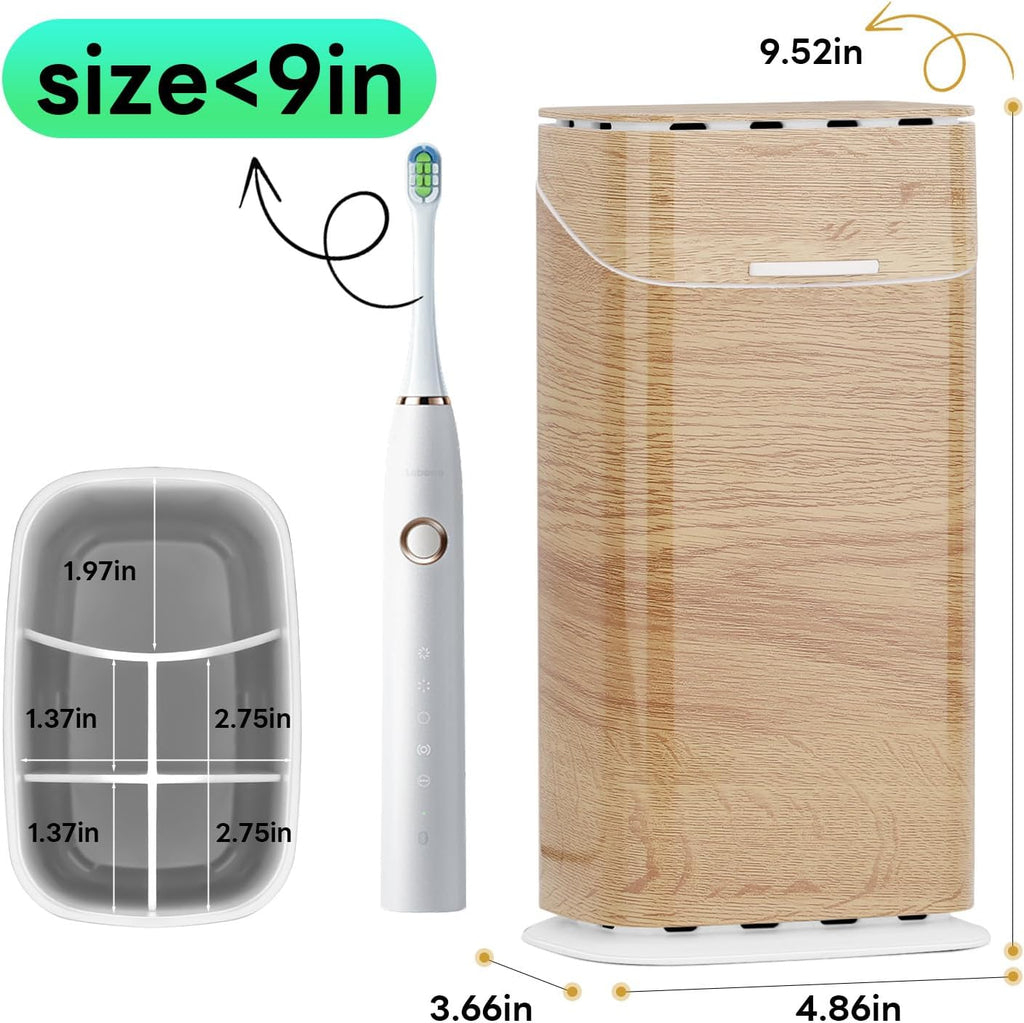 Toothbrush Holders with Cover - Electric Toothbrush Length Less Than 9 inches, 5 Slots Tooth Brush Holder for Bathroom, Detachable Toothpaste Holder Bathroom Organizers with Drainage, Wood