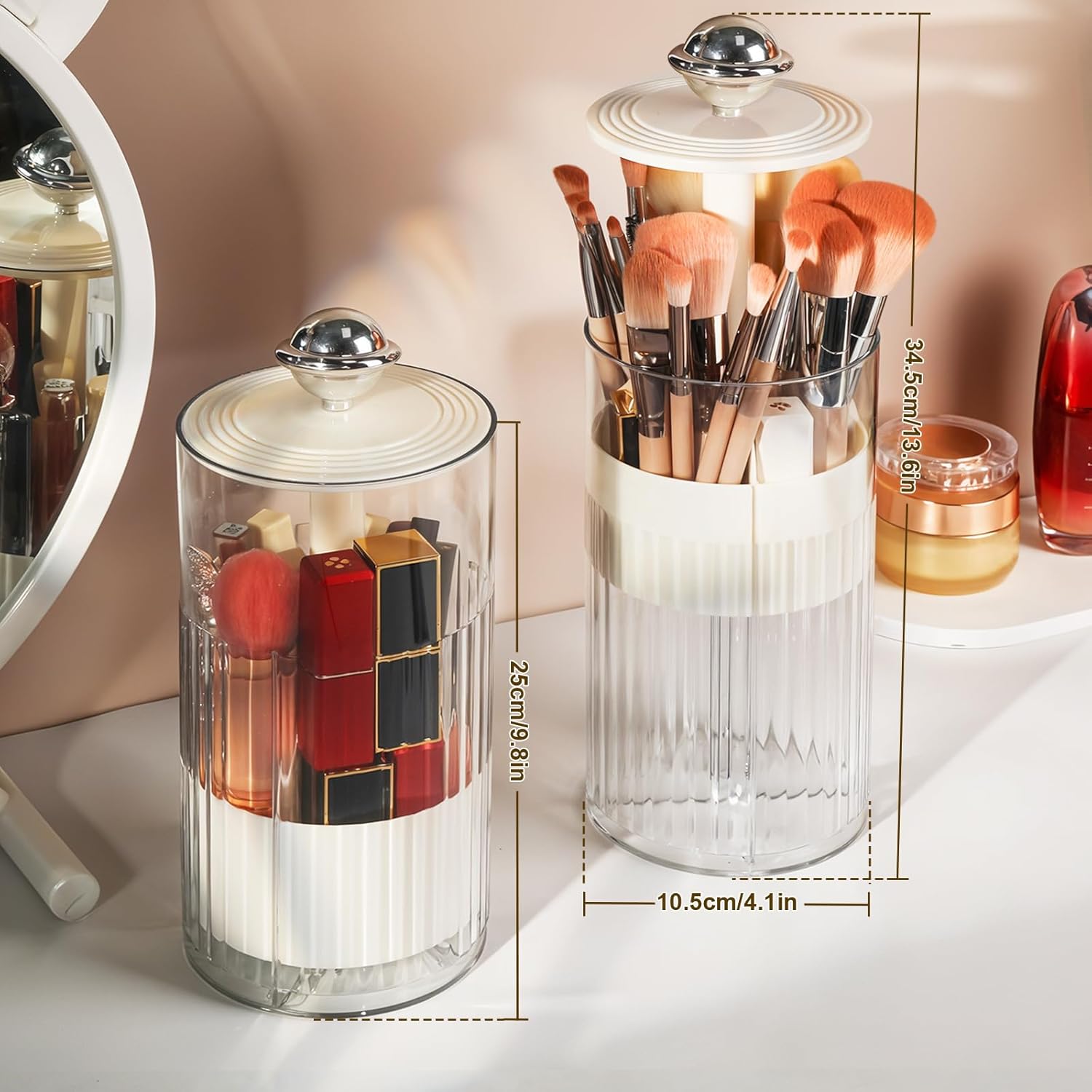 2 Pack Makeup Brush Holder with Lid Automatic Lifting Makeup Brush Organizer with Lid Dustproof & Waterproof 4-Compartment Clear Makeup Organizer for Vanity,Office,School,Dorm Room,Silver+Silver