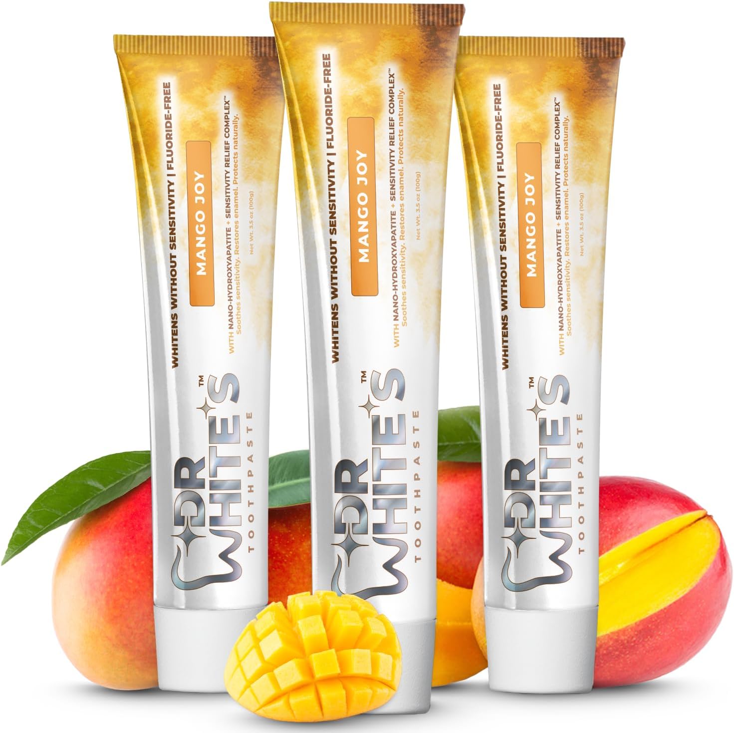 Dr. White’s Fluoride-Free nHA Toothpaste 3-Pack; Dentist-Formulated, Nano Hydroxyapatite + Xylitol, Sensitivity Relief Complex™, Mint-Free, Enamel Safe, Swallow-Safe (3.5 Oz, Mango Joy)