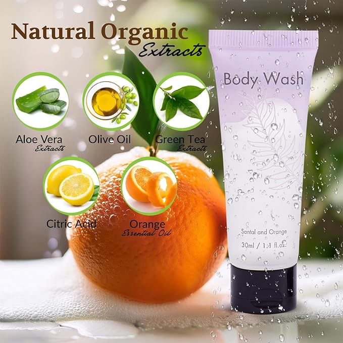 Leak-Proof Travel Size Body Wash 1 Oz Each Pack of 100 Bulk Pack Hotel Body Wash Santal and Orange Scent Amenities and Toiletries for Hospitality