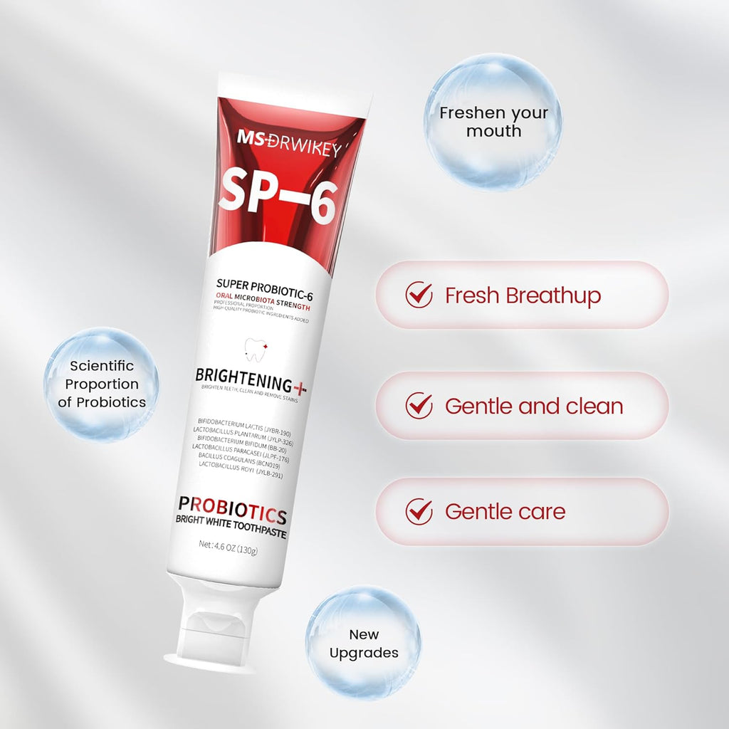SP-6 Probiotic Whitening Toothpaste - Enhanced Formula with 6 Probiotics and Gum Health - Enamel-Safe, Fluoride-Free, Fresh Mint Flavor, 4.6oz (1)