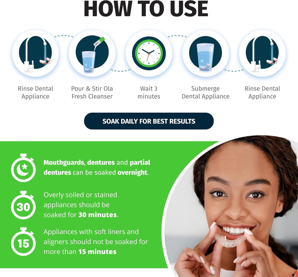 TCS Fresh Concentrated Dental Appliance Cleaner Set, Professional Denture and Retainer Cleaner Powder with Soft Bristle Brush (24 Packets, 6 Month Supply, Mint Flavor)