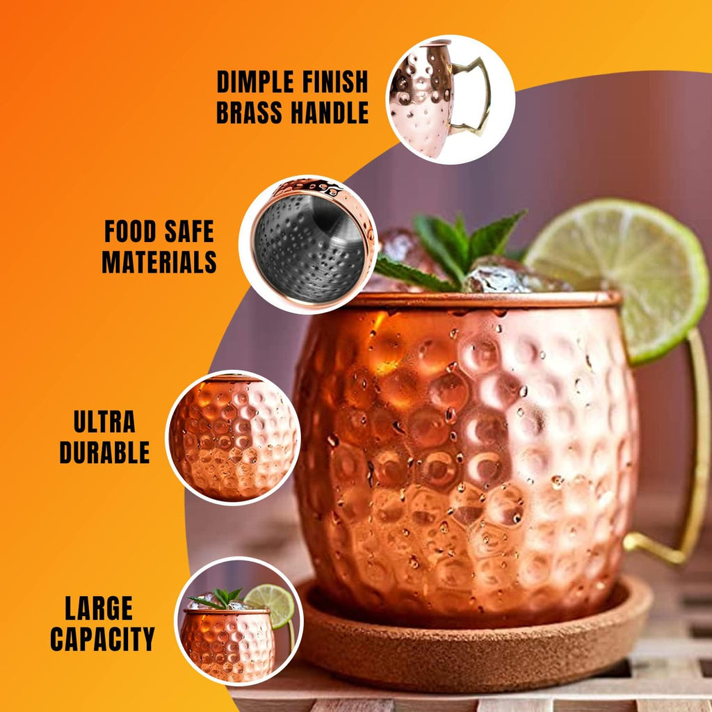 Artisan's Anvil Moscow Mule Mugs with Straws, Comfortable Brass Handle, Stainless Steel Made, Original Hammered Shape, Copper Plated, Set of 4