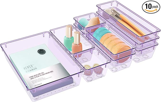 10 PCS Drawer Organizer Set, 4 Varied Size Bathroom and kitchen Drawer cabinet organizer Trays, Clear Storage Bins for Makeup, Jewelry, Utensils and Gadgets, Purple