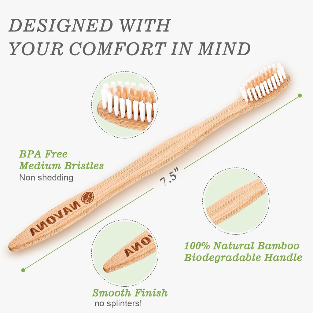 Navona 30 PCS Bamboo Toothbrushes Pack, BPA Free Medium Soft Bristles Toothbrushes for Adults, Eco-Friendly Natural Wooden Toothbrush Bulk, Box of Two Reusable Travel Toothbrush
