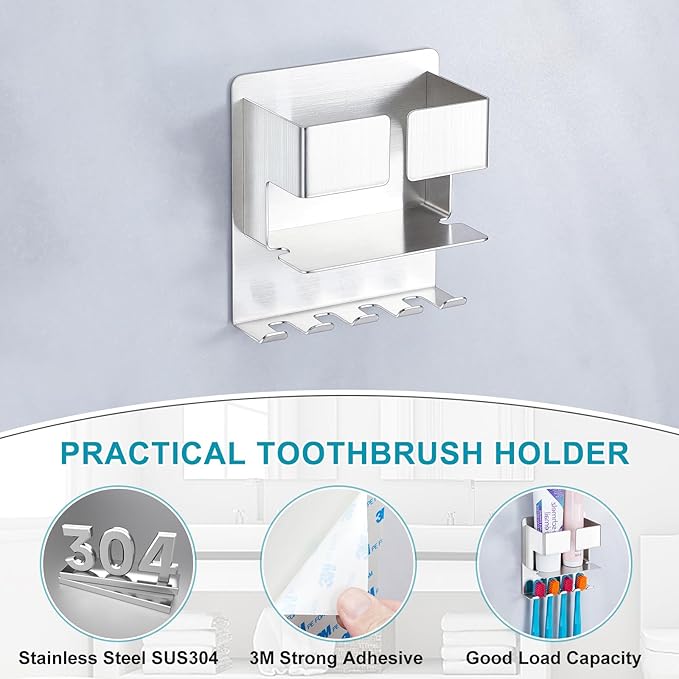 Toothbrush Holder, Electric Toothbrush Head Holder, Stainless Steel Brushed Toothpaste & Razor Organizer, Adhesive Mounted for Shower Bathrooms