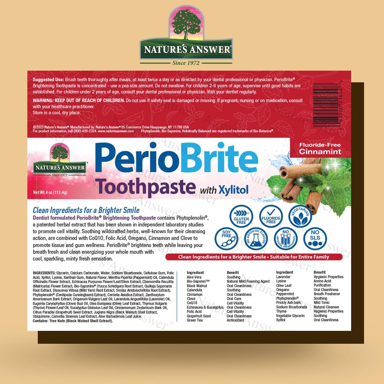 Nature's Answer Periobrite Cinnamint Toothpaste | Soothes & Refreshes | Alcohol-Free, Gluten-Free, Fluoride-Free Soy-Free & Vegetarian | No Artificial Sweeteners or Preservatives 4oz (2 Pack)