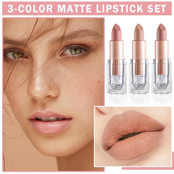 3PCS Matte Nude Lipstick Set Velvet Lip Gloss Non-Fading Non-Sticky Cup Nude Lipstick Matte Lip Stain Long Lasting Waterproof Lipstick for Women Girls Daily Lip Makeup - Set A