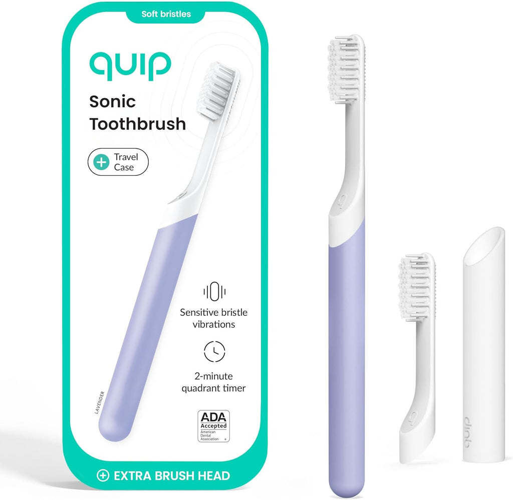 Quip Sonic Electric Toothbrush for Adults - Time Travel & Soft Bristles with Travel Case & Replacement Brush Head - 3 Month Battery Life, Plastic Handle- Lavender