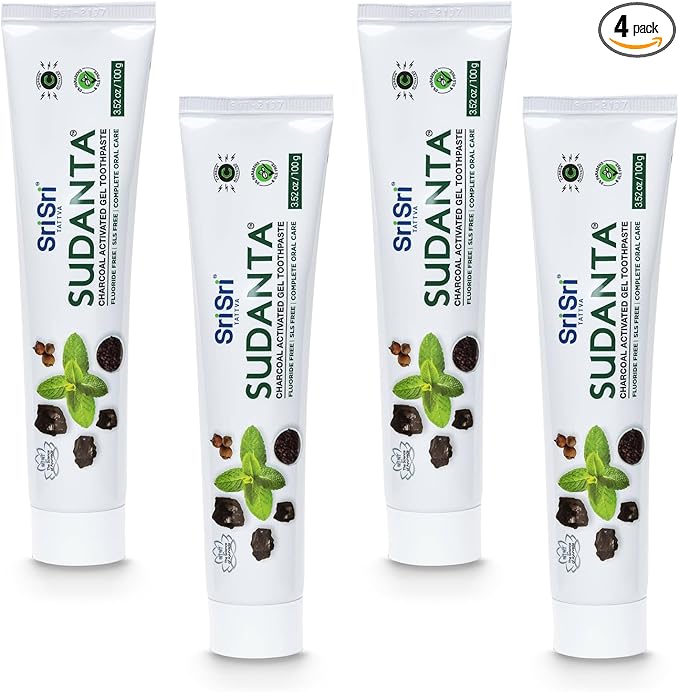 Sri Sri Tattva Sudanta Charcoal Toothpaste Gel – SLS, Fluoride Free Herbal Toothpaste with Neem & Ayurvedic Herbs – Natural Teeth Whitening, Fresh Breath, Oral & Gum Health – 100g Tube (Pack of 4)