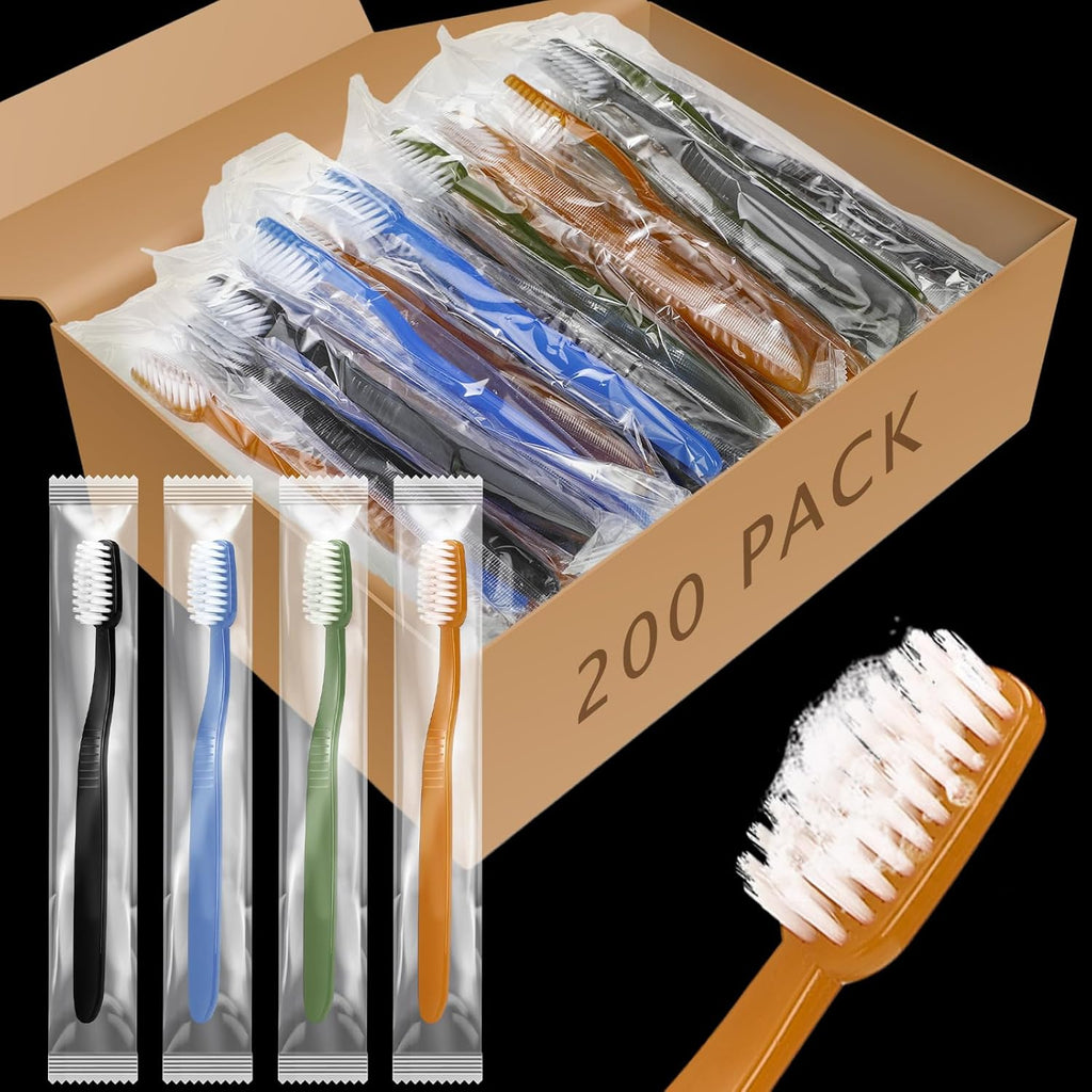 Tioncy 200 Pack Prepasted Disposable Toothbrushes Individual Wrapped Toothbrushes Soft Bristle Travel Toothbrush Single Use Wrapped for Hotel, Camp, Travel and Gift for The Homeless (Morandi Colors)
