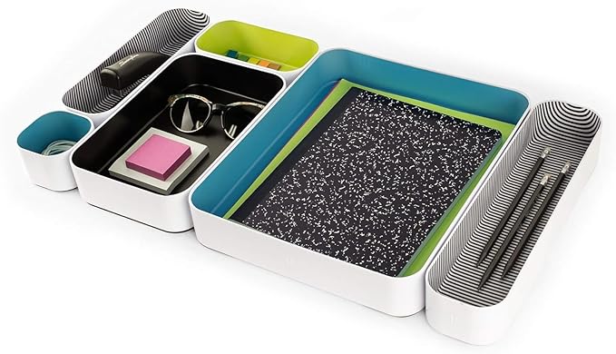 Three by Three Seattle 6 Piece Metal Organizer Tray Set for Storing Makeup, Stationery, Utensils, and More in Office Desk, Kitchen and Bathroom Drawers (2 Inch, Assorted Colors, Stripes)