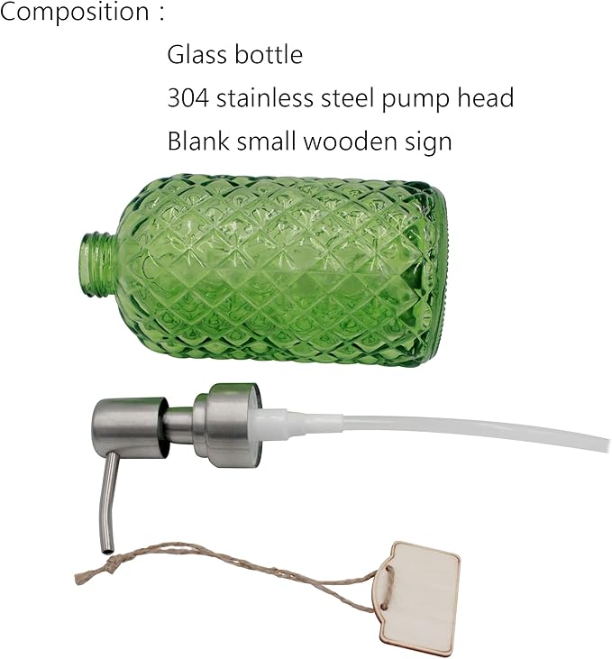 16 oz Diamond Pattern Glass Soap Dispenser, Kitchen and Bathroom Refillable Soap Dispenser with Rust Resistant Stainless Steel Pump for Hand Soap, Lotion Glass Liquid Dispenser(Green)