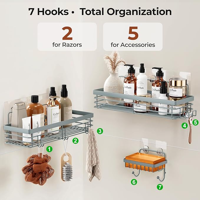 Orimade Adhesive Shower Caddy Soap Dish Holder Shelf with 5 Hooks Bathroom Organizer Basket Kitchen Storage Rack Wall Mounted No Drilling Stainless Steel - 3 Pack, Light Blue Grey