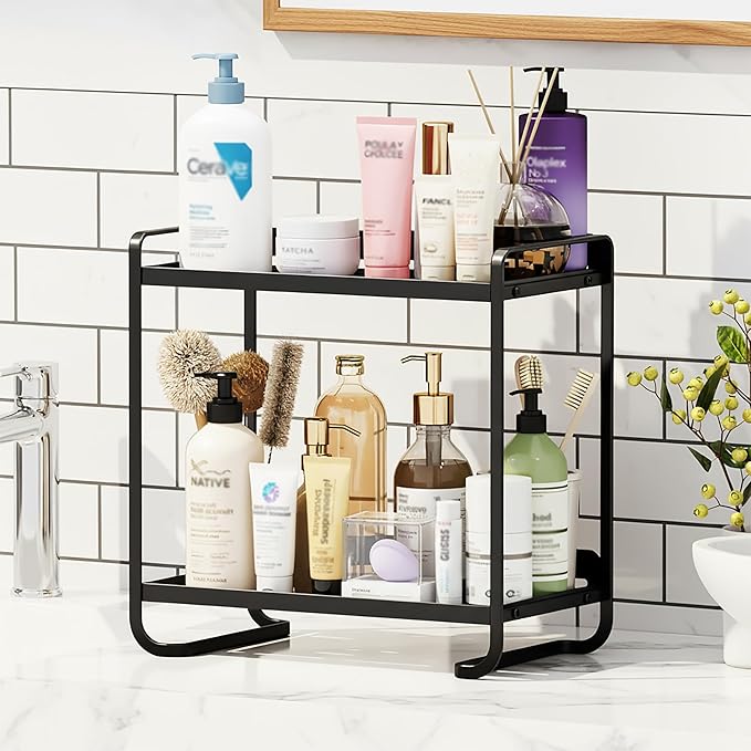 2-Tier Black Carbon Steel Bathroom Counter Organizer - Skincare Cosmetic Display Tray for Perfume, Makeup，Bathroom, Vanity Storage - Modern Countertop Organizer and Vanity Decor