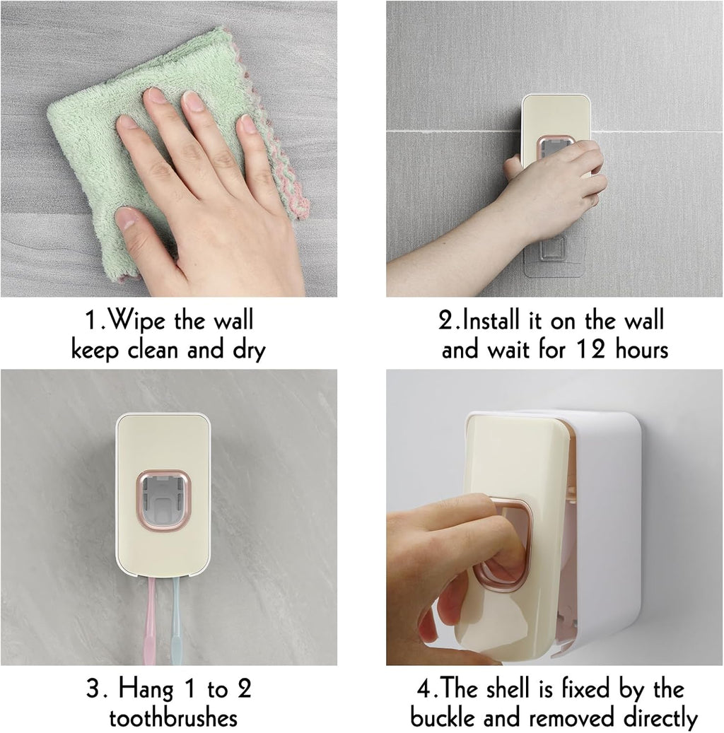 2 Slot Toothbrush Holder and Toothpaste Dispenser Wall Mounted, Automatic Toothpaste Squeezer, 2 in 1 Tooth Brush Toothpaste Organizer for Shower (Ivory Yellow 2Pack)