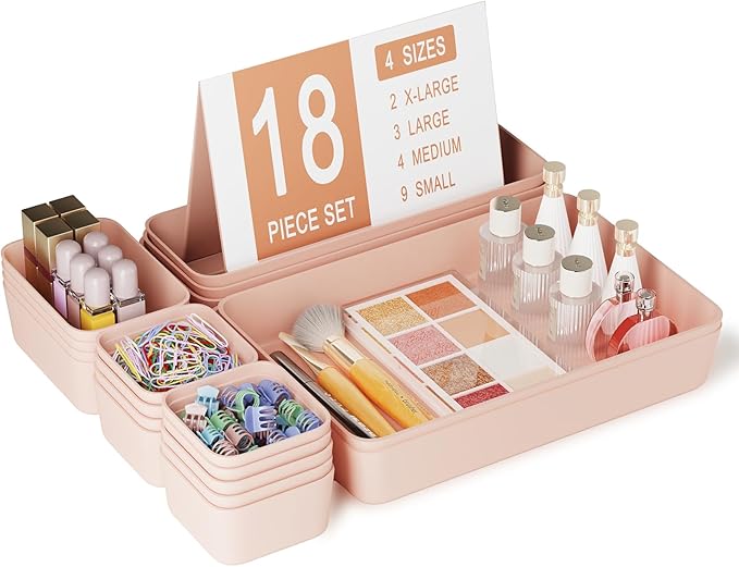 Plastic Drawer Organizers, 18 PCS Bathroom Drawer Organizer Bins, Desk and Vanity Organizer Plastic Tray, Makeup organizer and storage for Bedroom, Kitchen Gadgets Utensils and Office (Pink)