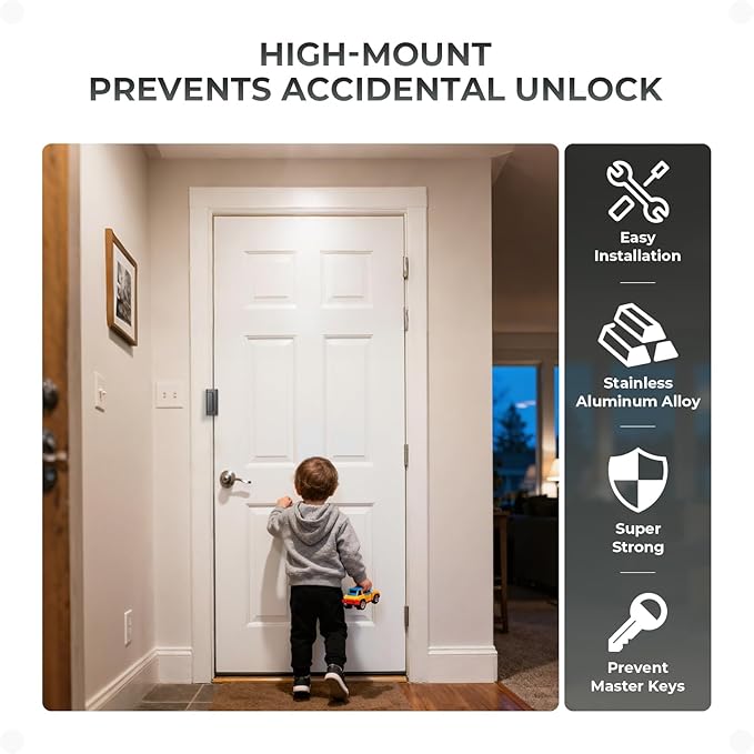 2Pack Home Security Door Reinforcement Lock, Childproof Safety Door Lock Latch Inside Stopper, Add High Security to Prevent Home Unauthorized Entry, Aluminum Construction Finish Grey