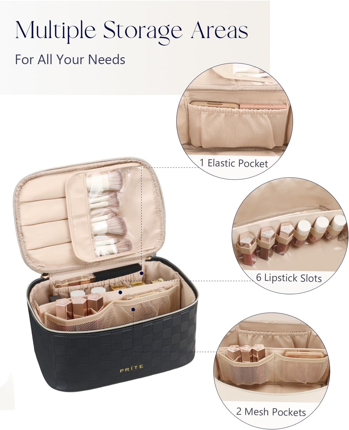 Prite Makeup Bag Portable Cosmetic Organizer with Brush Holder Waterproof Travel Toiletry Bag for Women with Handle and Divider (Checkered Black)