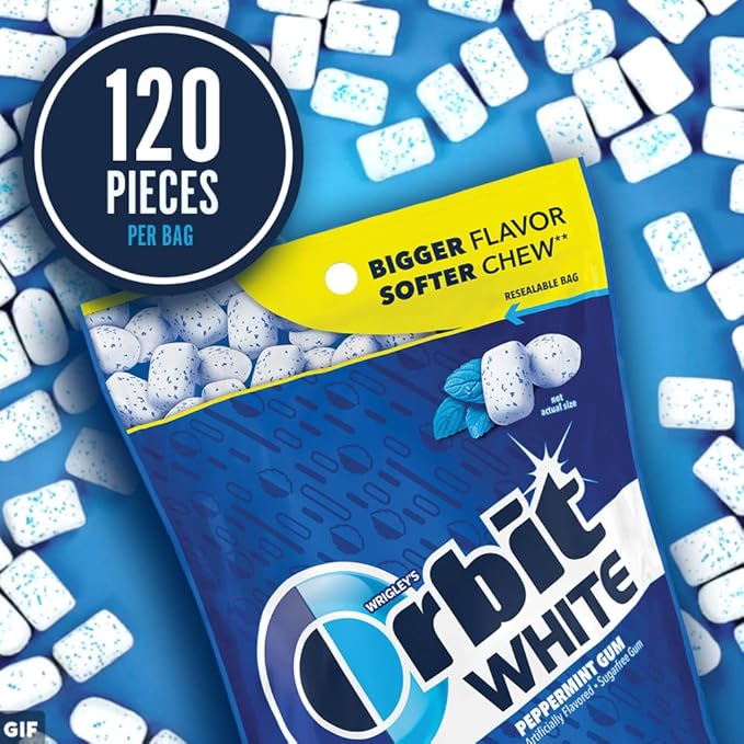 ORBIT WHITE Peppermint Gum - Sugar-Free Chewing Gum, Resealable Bag 120 Pieces, 8 Pack
