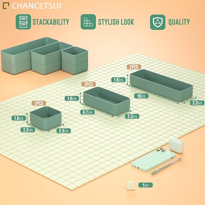 Organizer Drawers, Storage Plastic Desk Bins Stackable Organizers Tray, Bathroom Dividers Small Makeup Bin Clothes Organizing Trays for Containers Vanity Office Cabinet Desktop Compartment, Green