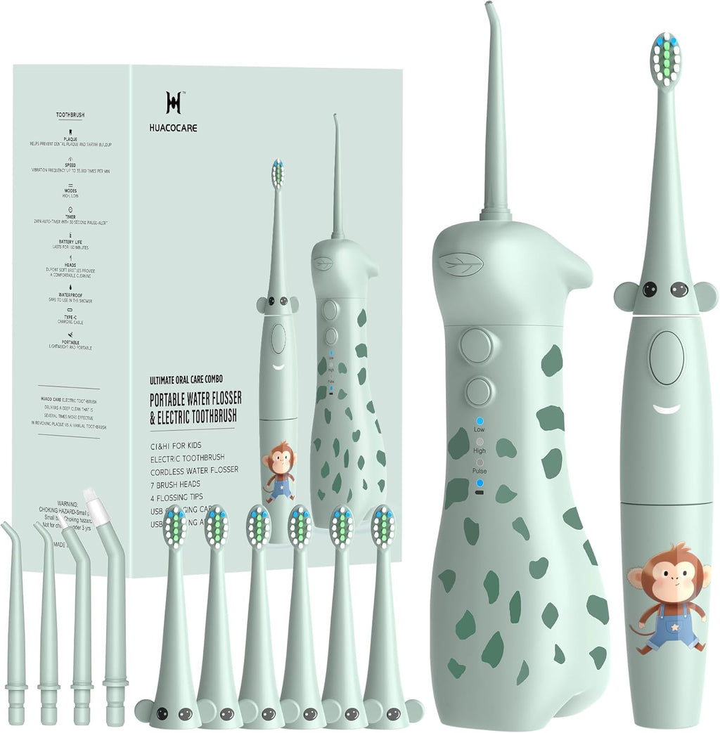 2-1 Kids Oral Clean Kit- Water Dental flosser & Electric Toothbrush Combo for Kids-Brushing & Flossing-Safe & Effective -Cute Giraffe and Monkey Theme