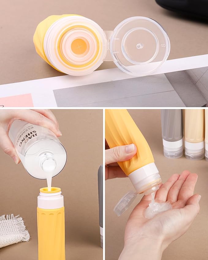 Travel Size Toiletries 8 Pack, TSA Approved 3oz/1oz Silicone Squeezable Creams Jars with Clear Travel Bag