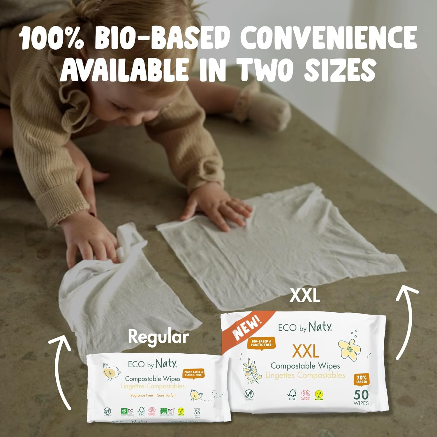 Naty Compostable XXL Baby Wipes - Unscented, 100% Plant-Based, Plastic-Free, Fragrance-Free, Hypoallergenic for sensitive skin and Dermatologically Tested (XXL - 600 Count - 12 Packs of 50)