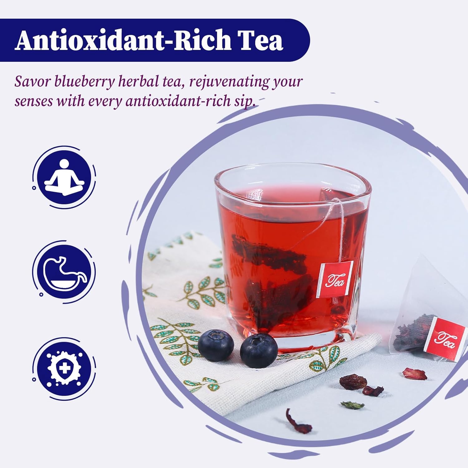 FullChea - Blueberry Tea Bags, 50 Teabags - Premium Blueberry Blend Herbal Tea - Harmonious Mix of Blueberries, Hibiscus, Raisins, Mint Leaves - Rich in Natural Goodness, Delightful Taste