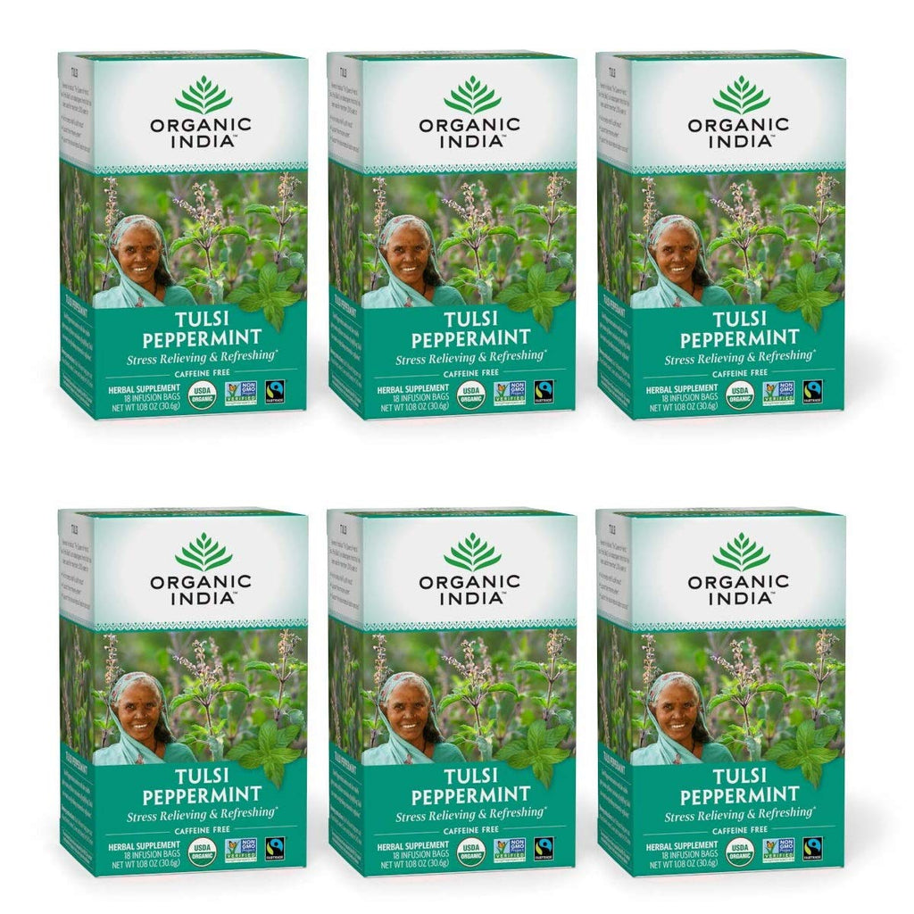ORGANIC INDIA Tulsi Peppermint Tea - Caffeine Free Herbal Mint Tea - Stress Relieving Holy Basil, Immune Support, Aids Digestion, Vegan, USDA Certified Organic, Fairtrade - 18 Infusion Bags, 6 Pack