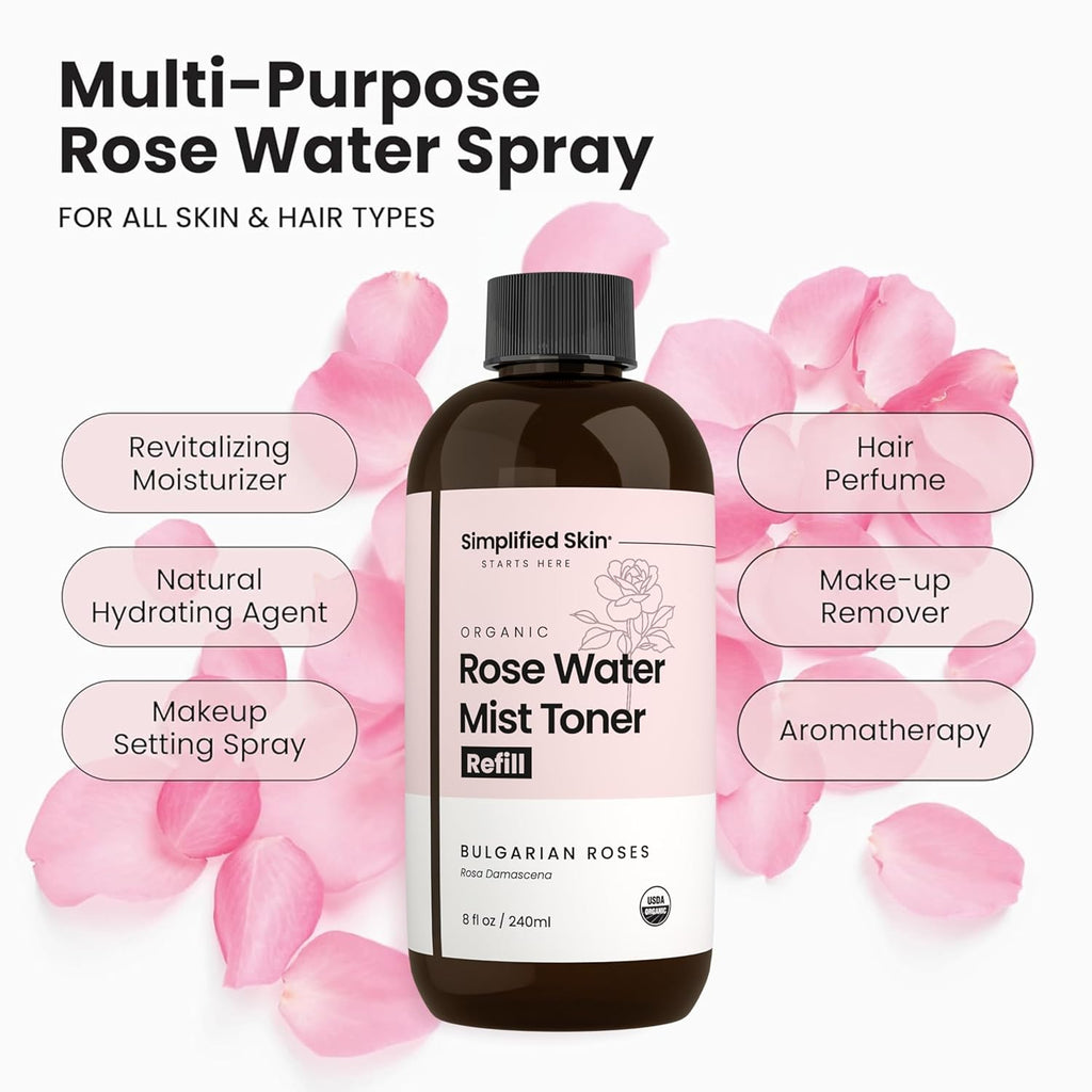Rose Water Spray for Face & Hair (Refill) - Organic USDA Certified Rosewater Facial Toner - Alcohol-Free Makeup Setting Hydrating Face Mist - Anti-Aging Toner Spray - 8 Fl Oz