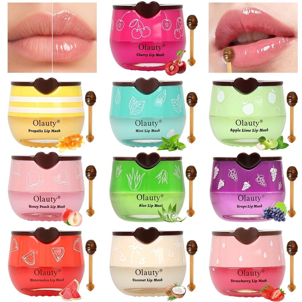 10 PCS Bee Lip Balm Lip Mask Honey Pot,Strawberry,Watermelon,Cherry,Peach,Apple Lime,Mint,Coconut,Grapes,Aloe,Honey Lip Balm Bulk Lip Sleeping Mask Overnight Lip Moisturizer Treatment,Reduce Lip Lines