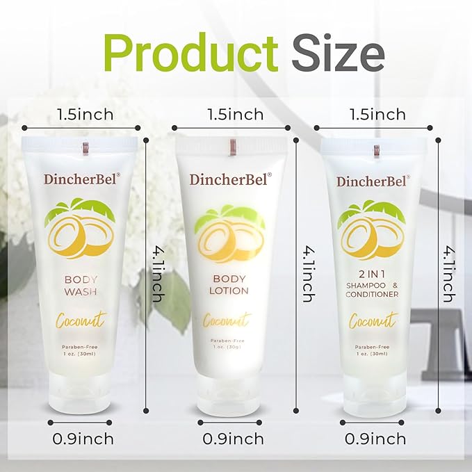 Travel Size Toiletries Kits, Bulk Mini Hotel Guest Amenities (Tropical Coconut, 1oz each), 3-Piece Sets Refreshing Coconut Scent - 50 Shampoo & Conditioner 2 in 1, 50 Body Wash and 50 Body Lotion