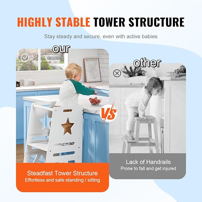 VEVOR Tower Step Stool, 3-Level Height Adjustable Toddler Step Stools for Kids, Bamboo Kitchen Stool, Standing Tower Learning Stool with Safety Rail for Kitchen Counter Bathroom, 350LBS, White