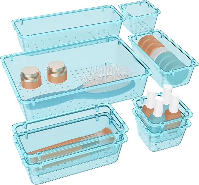 WOWBOX 8 PCS Plastic Drawer Organizer Set, 4 Sizes Desk Drawer Organization and Storage Containers for Makeup, Cosmetics, Jewelry and Gadgets in Kitchen, Bathroom, Bedroom, Office, Clear Sea Blue