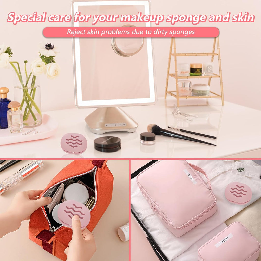 2PCS Makeup Sponge Holder Beauty Blender Bolder Makeup Sponge Case Breathable Make Up Sponge Case Essentials Suitable for Business or Travel（Pink+Gery）