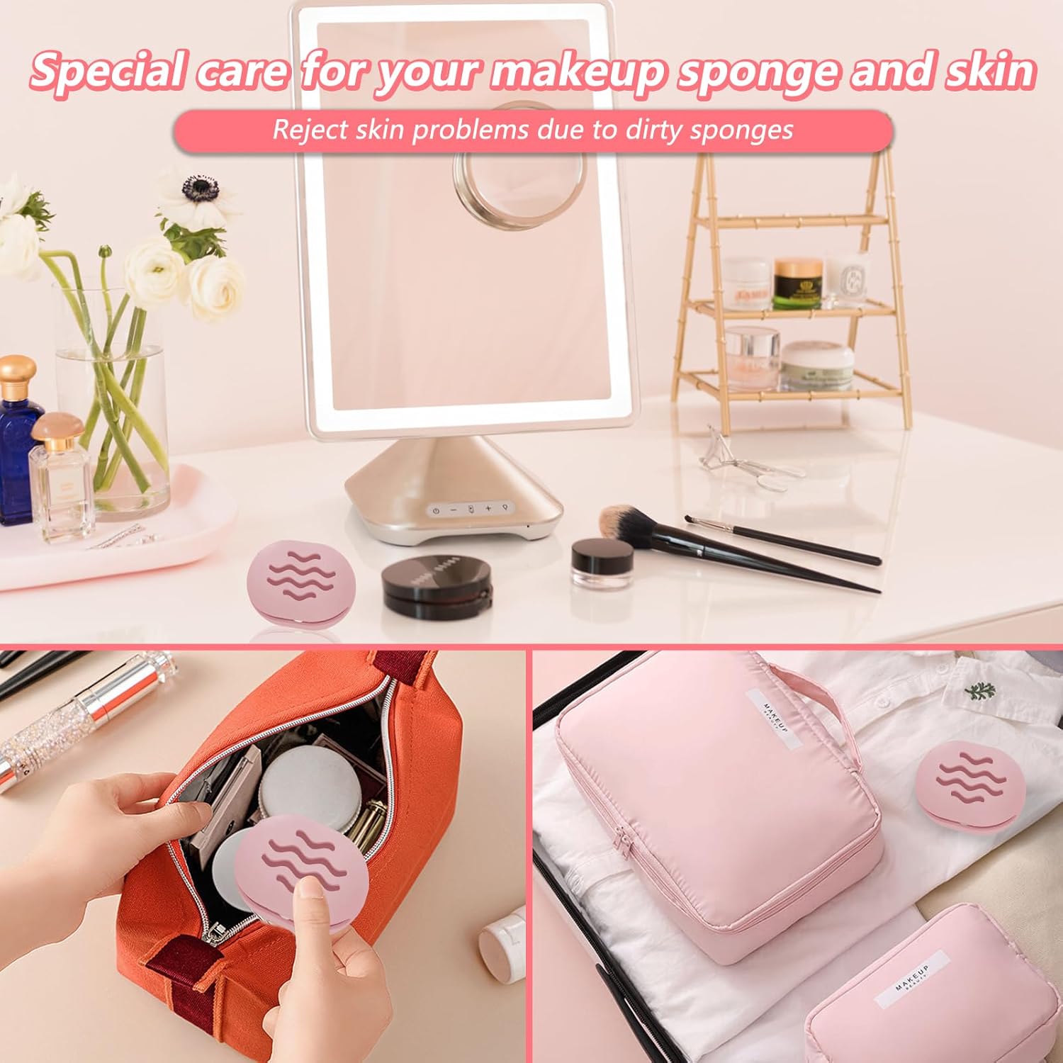 2-Pack Sponge Holder Silicone Makeup Sponge Travel Case Makeup Beauty Sponge Holder - Travel Storage Case for Beauty Blenders, Portable Organizer（Rose+Pink）