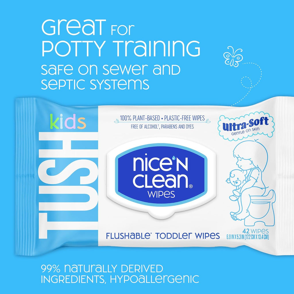 Nice 'N CLEAN Flushable Toddler Wipes 42ct (6-Pack) | 100% Plant-Based, Unscented Wet Wipes for Sensitive Skin | Potty Training Essentials | Flushable Baby Wipes for All Ages