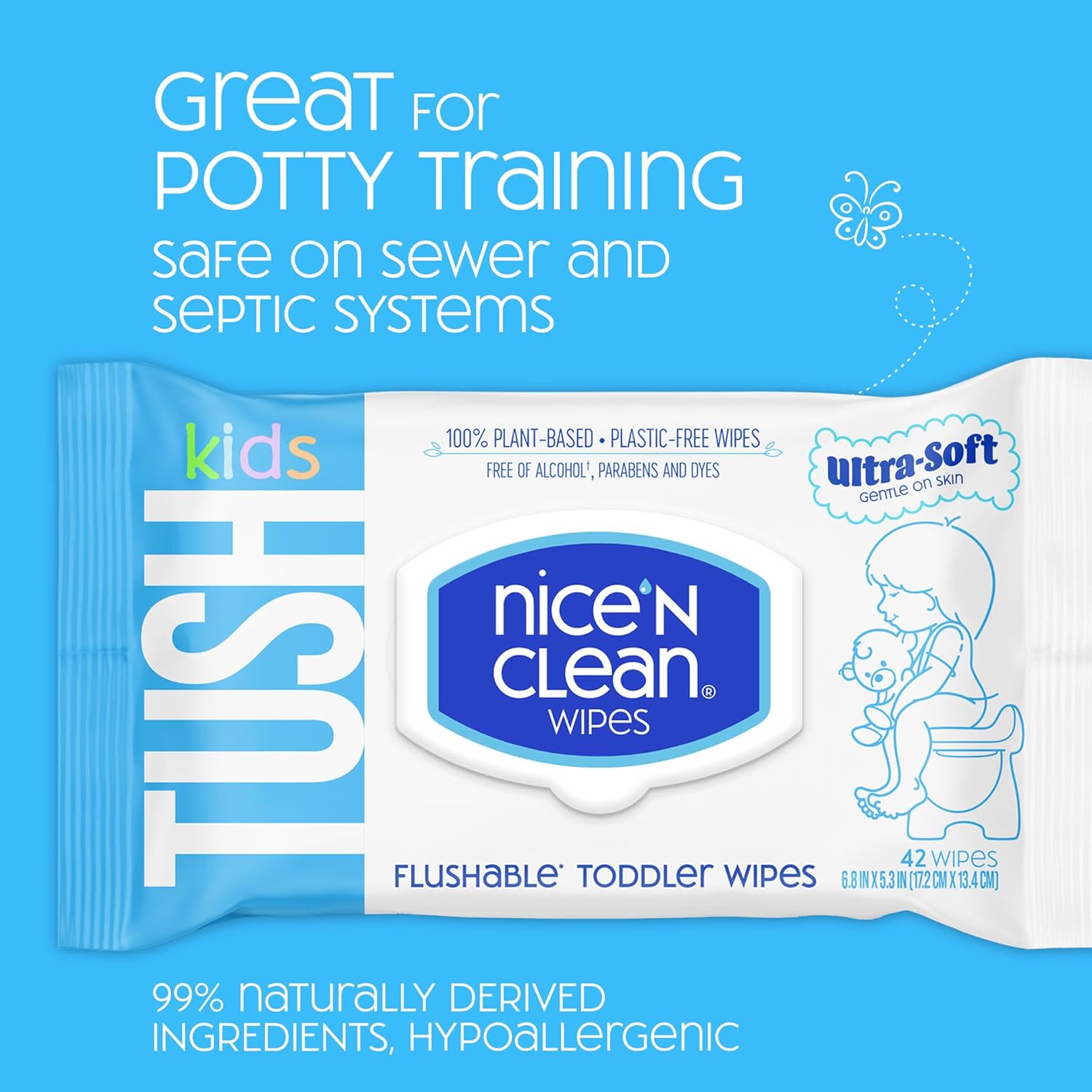 Nice 'N CLEAN Flushable Toddler Wipes 42ct (6-Pack) | 100% Plant-Based, Unscented Wet Wipes for Sensitive Skin | Potty Training Essentials | Flushable Baby Wipes for All Ages