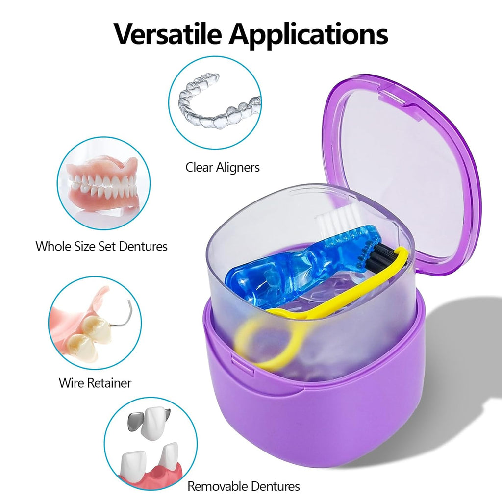 Purple Denture Cup Denture Bath Box Case with Lid Leakproof, Denture Holder Case Retainer Cleaning Container Mouth Guard Cleaner Case for Household, Travel, Office