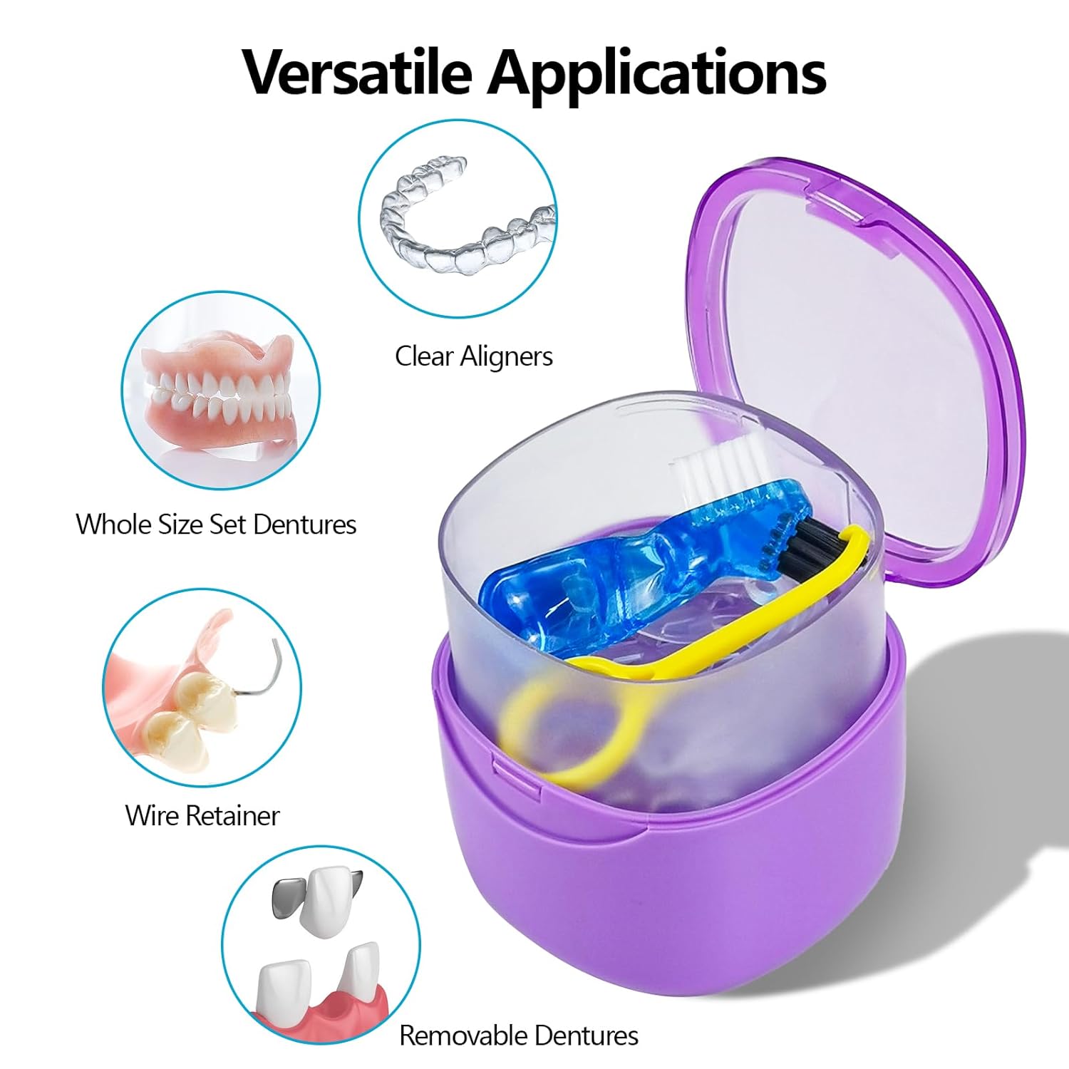 Purple Denture Cup Denture Bath Box Case with Lid Leakproof, Denture Holder Case Retainer Cleaning Container Mouth Guard Cleaner Case for Household, Travel, Office