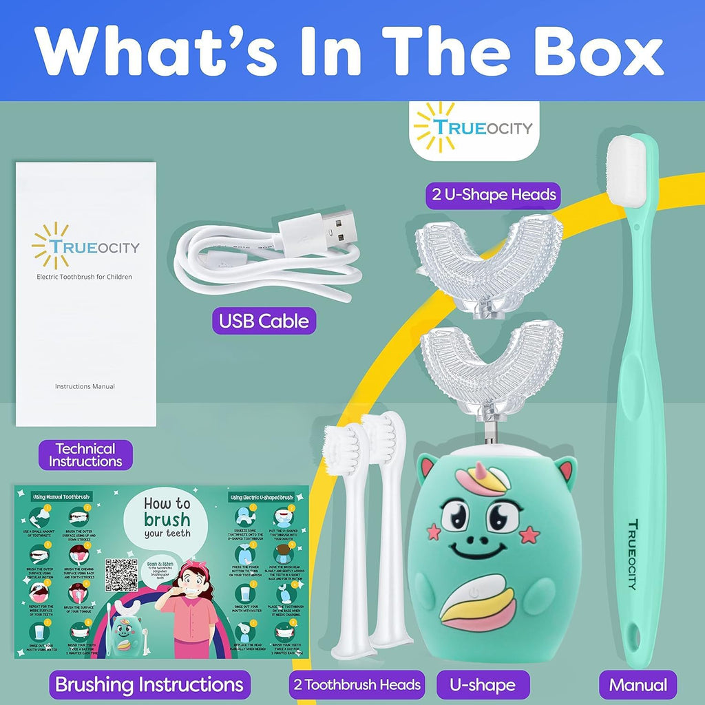 Trueocity Kids U Shape Toothbrush Auto Electric Toddler Rechargeable Kids Automatic Toothbrush | 360° U-Shaped Silicone Brush Head | Gentle Cleaning for Ages 2–7 2–7 | Unicorn Design (Turquoise)