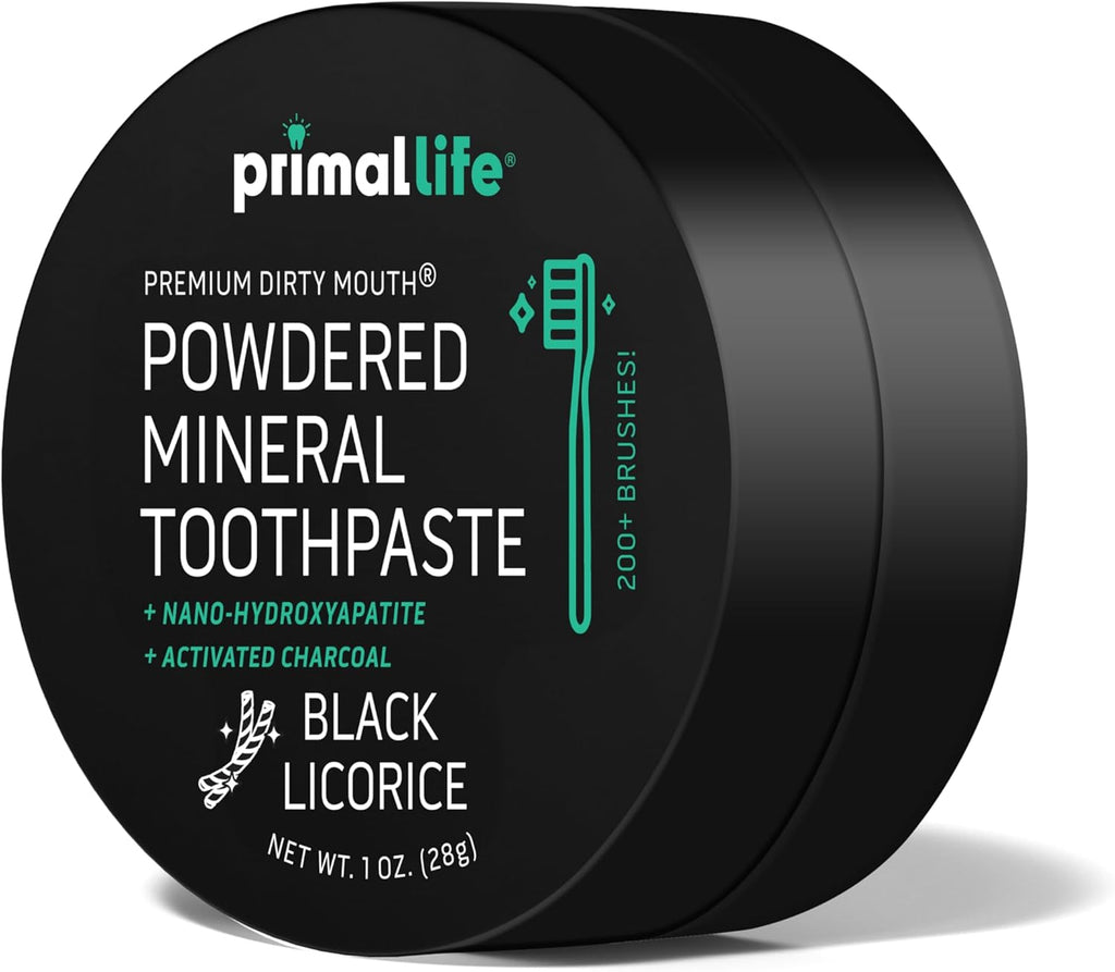 Primal Life Organics - Dirty Mouth Toothpowder, Activated Charcoal Tooth Cleaning Powder, Essential Oils Natural Kaolin Bentonite Clay, 200+ Brushings, Organic Vegan (Charcoal Black Licorice, 1 oz)