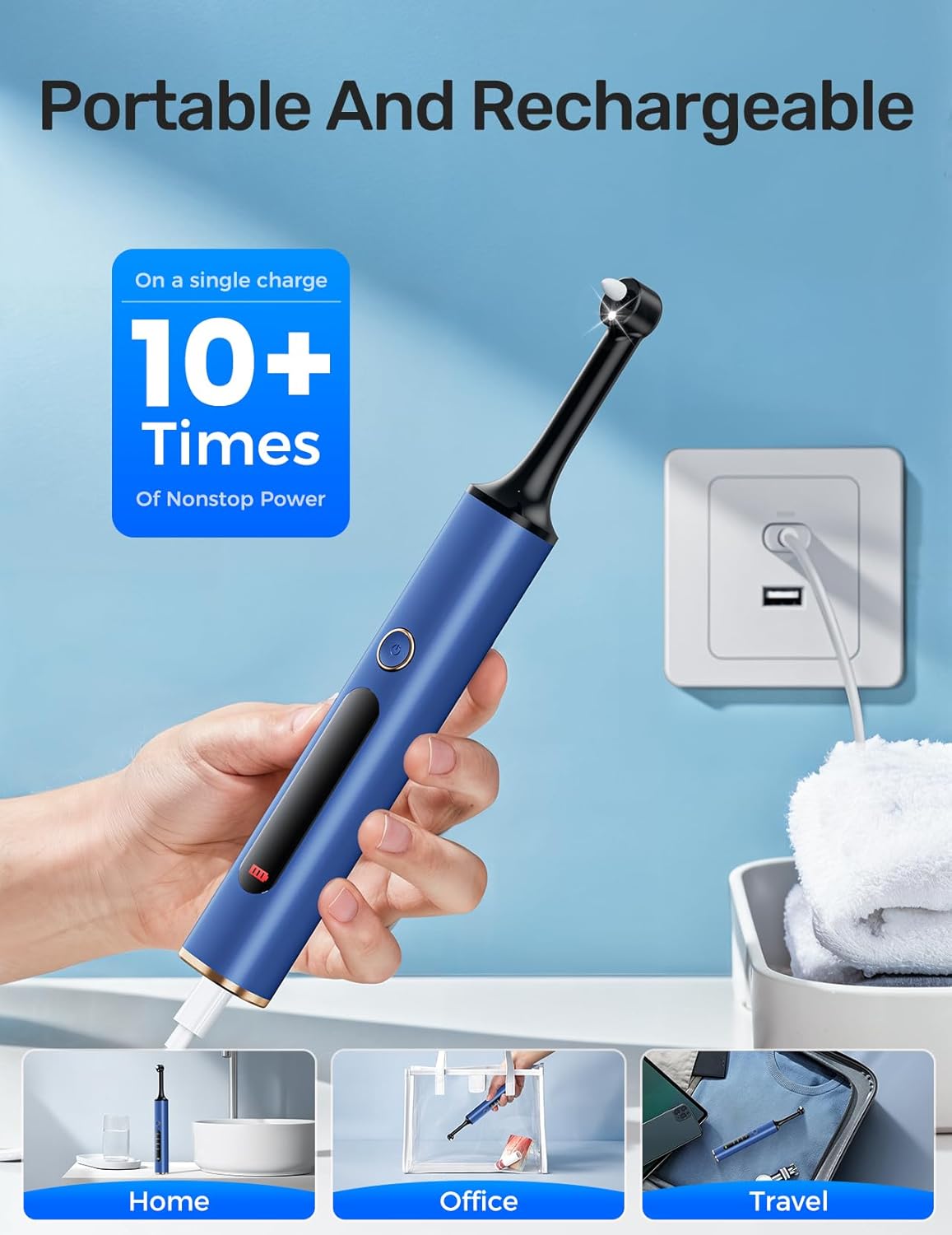 Tooth Polisher, Rechargeable Teeth Polishing Kit for Teeth Whitening, Tooth Polisher for Tartar Stain Removal, Teeth Cleaner Tools for Home Use with 3 Polish Paste and 5 Brush Heads, LED Light