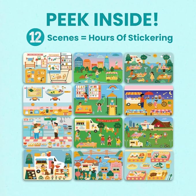 CUPKIN Sticker Book for Kids 2-4, 500+ Kids Stickers, Food Truck Adventure 12 Coloring Pages 12 Side by Side Scenes Fun Toddler Travel Activity Coloring and Sticker Books for Ages 4-8 + 8-10